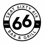 Black and white circular logo for "Seat 6ixty 6ix Bar & Grill" featuring a bold number 66 in the center with “HOU” and “TX” on either side.