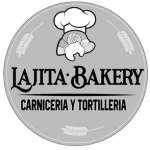 Black and white circular logo for "Lajita Bakery Carnicería y Tortillería" featuring a chef hat with baked goods and wheat accents.