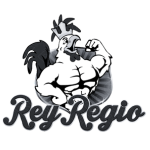 Black and white logo for "Rey Regio" featuring a muscular cartoon rooster flexing in front of a radiant backdrop, with bold script text.