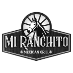 Black and white logo for "Mi Ranchito Mexican Grill" featuring a horse with a sunrise background, enclosed in a western-style badge with wood texture.