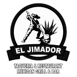 Black and white logo for "El Jimador Taqueria & Restaurant Mexican Grill & Bar" featuring a silhouetted agave farmer and plant inside a circular badge with a ribbon banner.